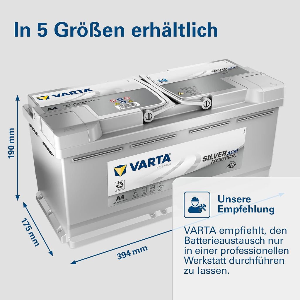 Silver Dynamic AGM Batterie A4 – Start-Stop und xEV Autobatterie 12V 105Ah 950A – Starterbatterie für Autos mit hohem Energiebedarf