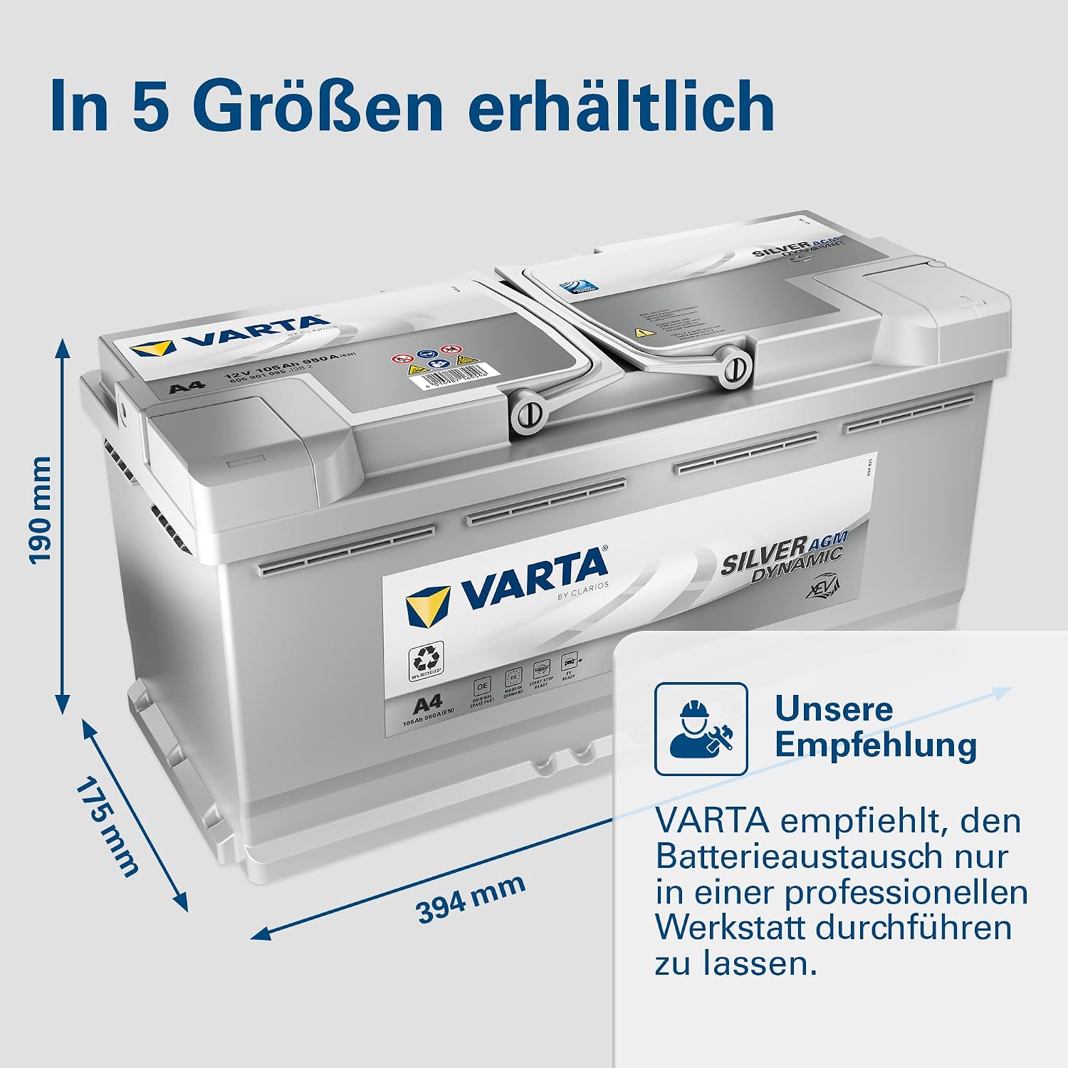 Silver Dynamic AGM Batterie A4 – Start-Stop und xEV Autobatterie 12V 105Ah 950A – Starterbatterie für Autos mit hohem Energiebedarf