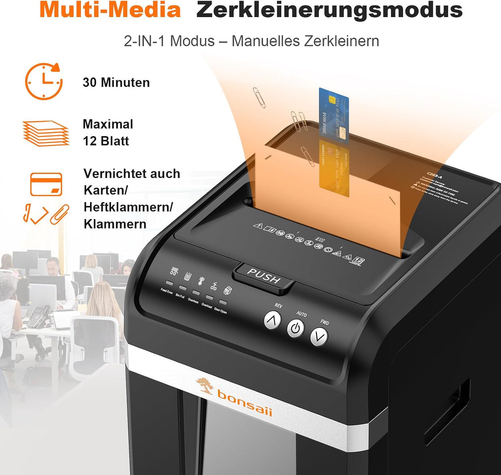 Automatischer 200-Blatt-Einzug Aktenvernichter, 60 Min Dauerbetrieb, DIN P-4 Mikroschnitt, 31L Behälter, leise 58 dB, energiesparend, C283