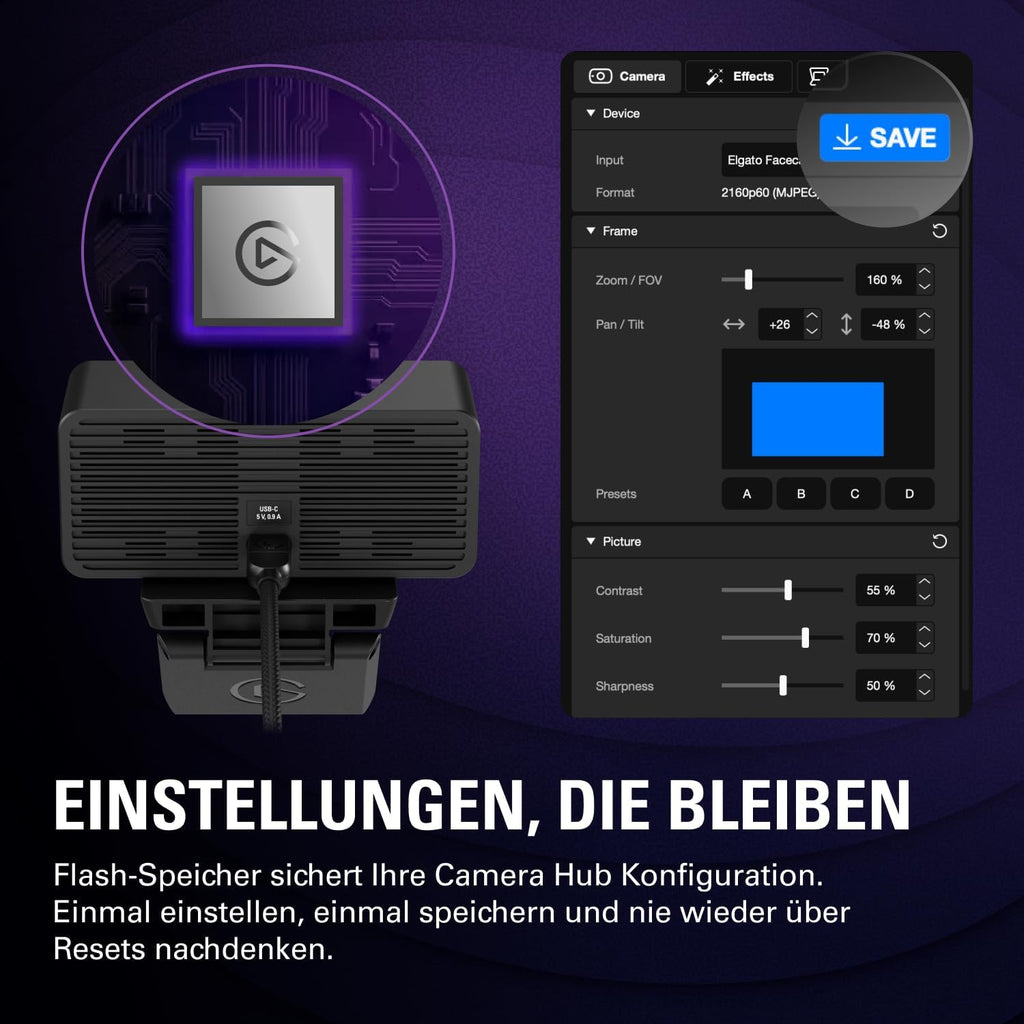 Facecam 4K 4K60 Studio-Webcam mit DSLR-Steuerung, HDR, unkomprimiertes Video, 49mm Filter, USB-C für PC & Mac