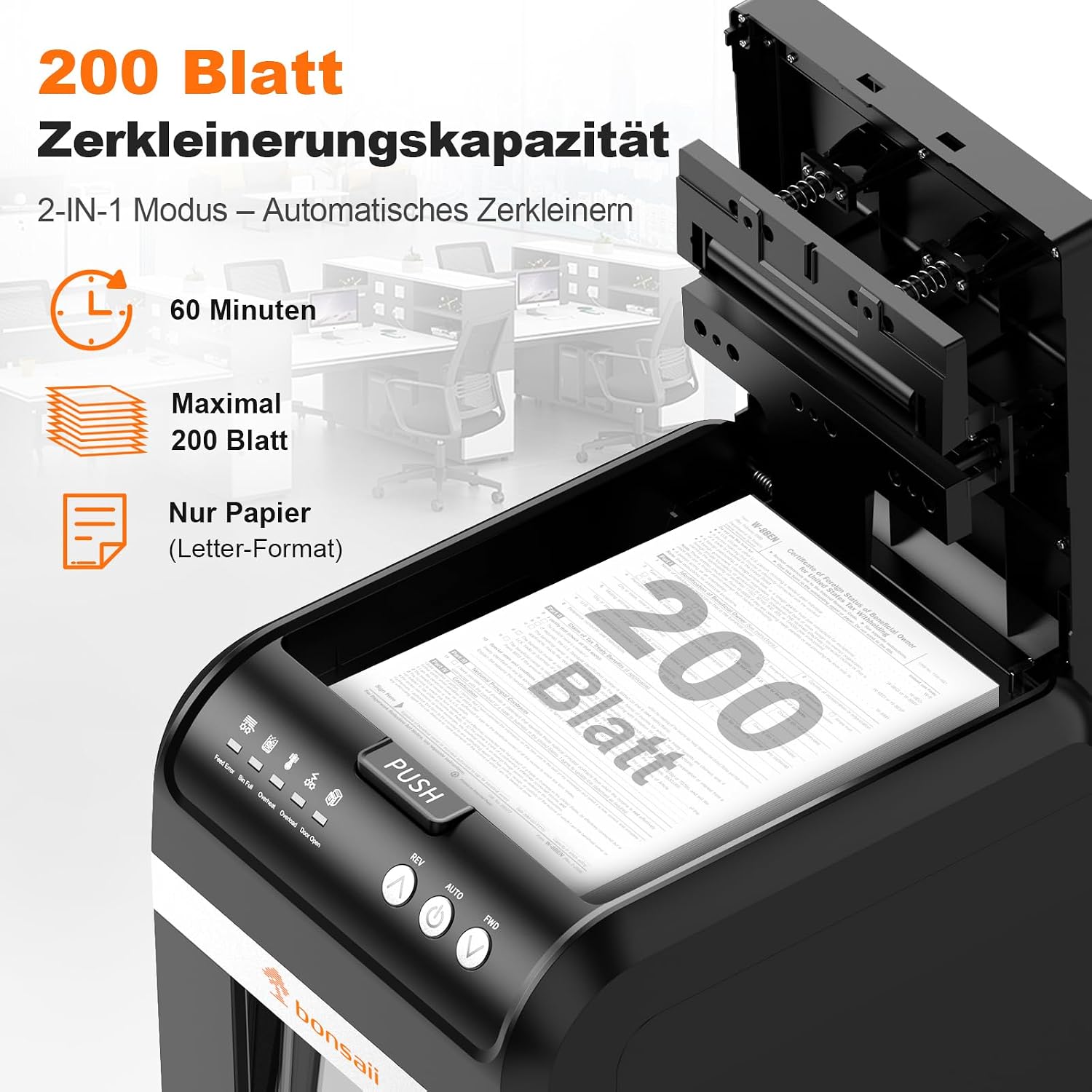 Automatischer 200-Blatt-Einzug Aktenvernichter, 60 Min Dauerbetrieb, DIN P-4 Mikroschnitt, 31L Behälter, leise 58 dB, energiesparend, C283
