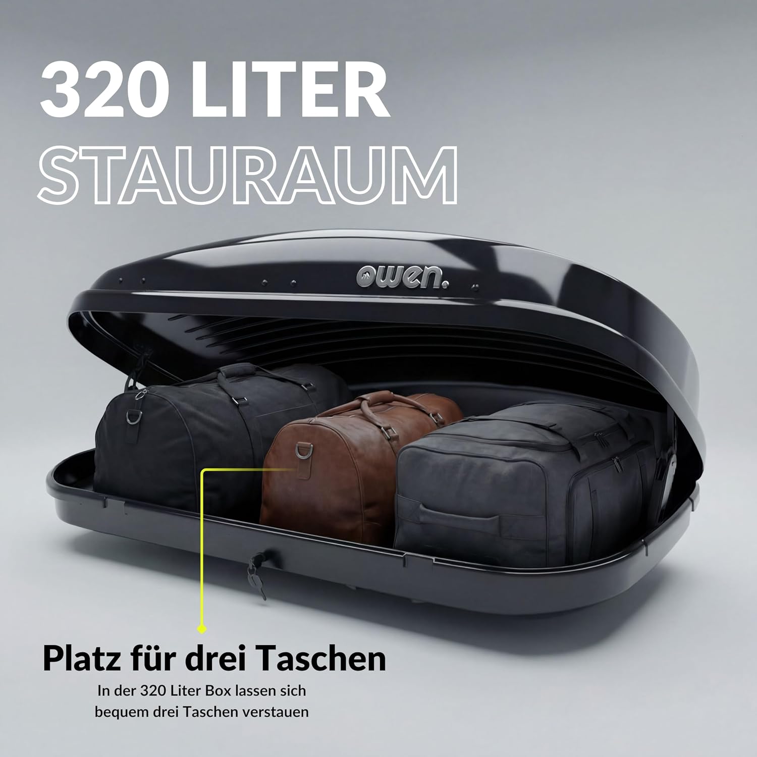 Dachbox Auto 320L | 75kg Zuladung | Hartschale Schwarz Glänzend | Aerodynamisch | Beidseitige Öffnung mit Schnellspanner (Fast Clamp) | Abschließbar