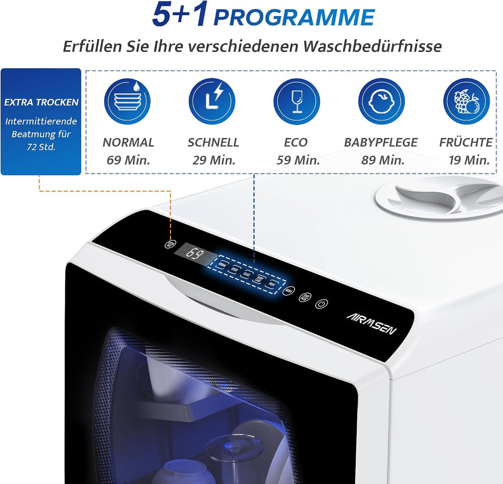 Mini Tischgeschirrspüler, 5+1 Programme, 5L Tank, 2-Wege-Wasser, Touch + LED, für Hausküche/Wohnung/Schlafsaal (Weiß/Schwarz)
