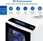 Mini Tischgeschirrspüler, 5+1 Programme, 5L Tank, 2-Wege-Wasser, Touch + LED, für Hausküche/Wohnung/Schlafsaal (Weiß/Schwarz)