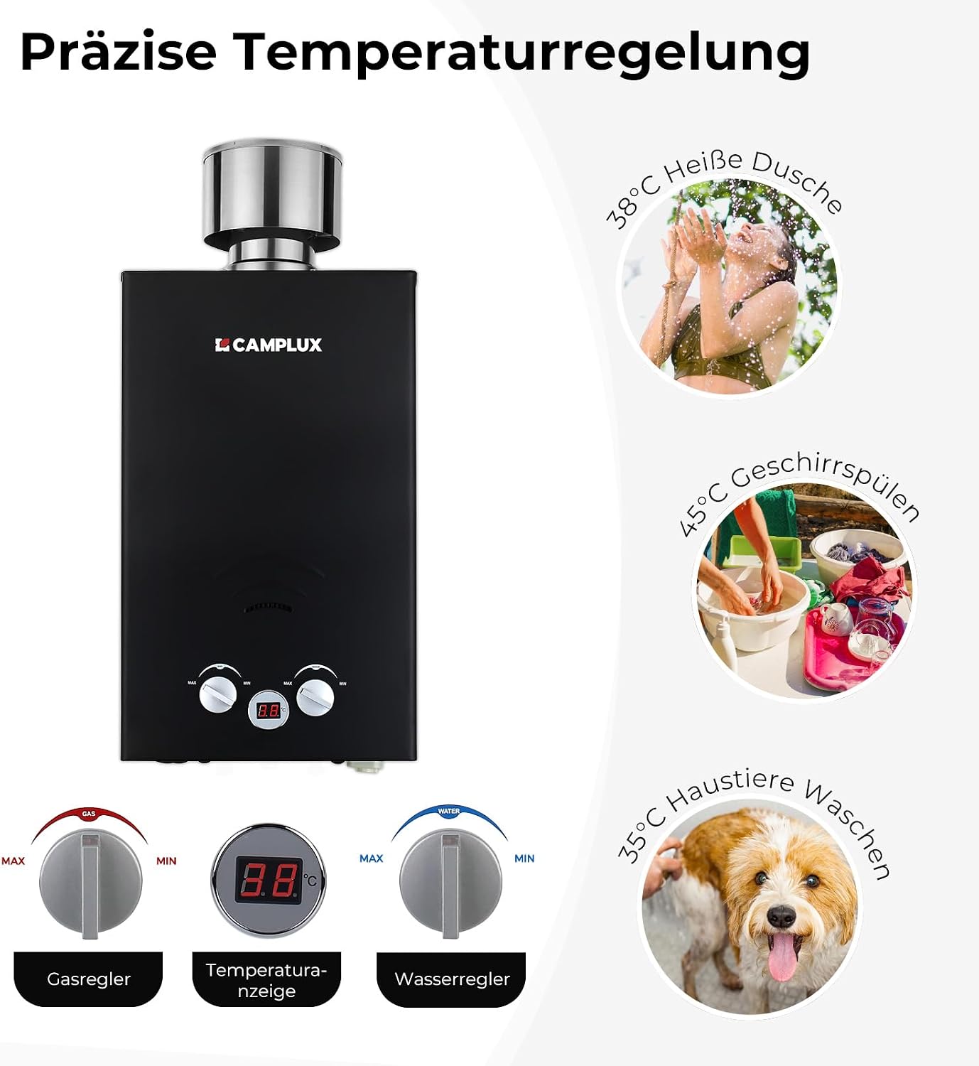 Gasdurchlauferhitzer 10L 50mbar mit Edelstahl Regendeckel Propan/Butan Gas für Campingdusche, Wohnmobilausflug, Waschpferd