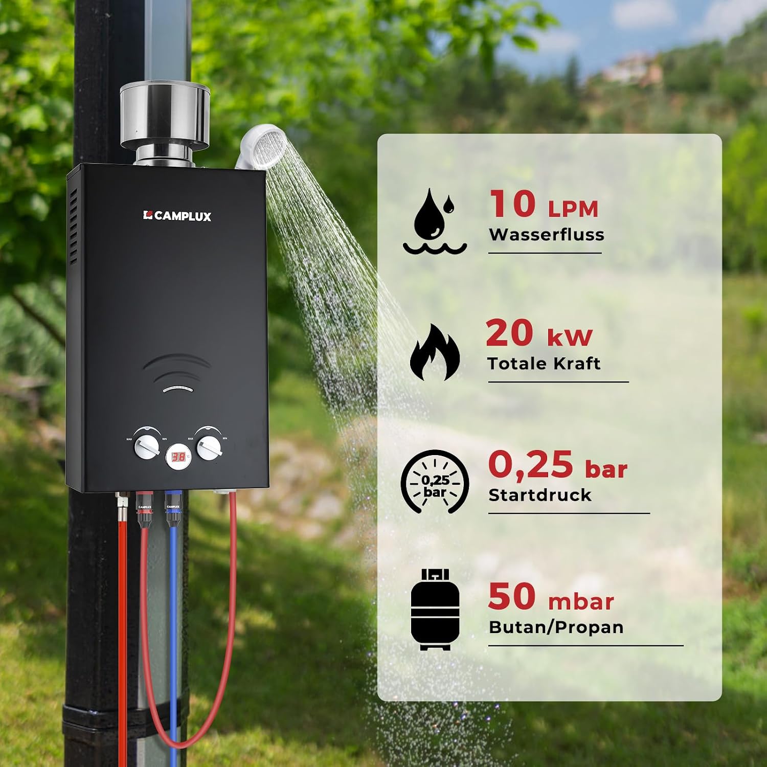 Gasdurchlauferhitzer 10L 50mbar mit Edelstahl Regendeckel Propan/Butan Gas für Campingdusche, Wohnmobilausflug, Waschpferd