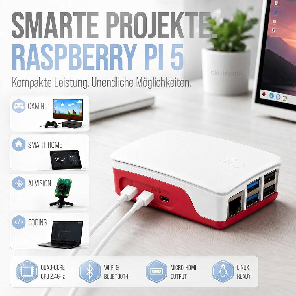 Raspberry Pi 5 8GB 128GB Starter Set mit 27W Netzteil, Lüfter-Gehäuse & 4K Micro HDMI Kabel - Ideal für Smart Home, Retro Gaming & Home Assistant