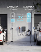 11kW Wallbox mit App, 7,5m Typ 2 Kabel + Halter, 3-Phasen (6-16A, 400V), RCD Typ A 30mA+6mA DC, IP54, für BEV/PHEV, schwarz