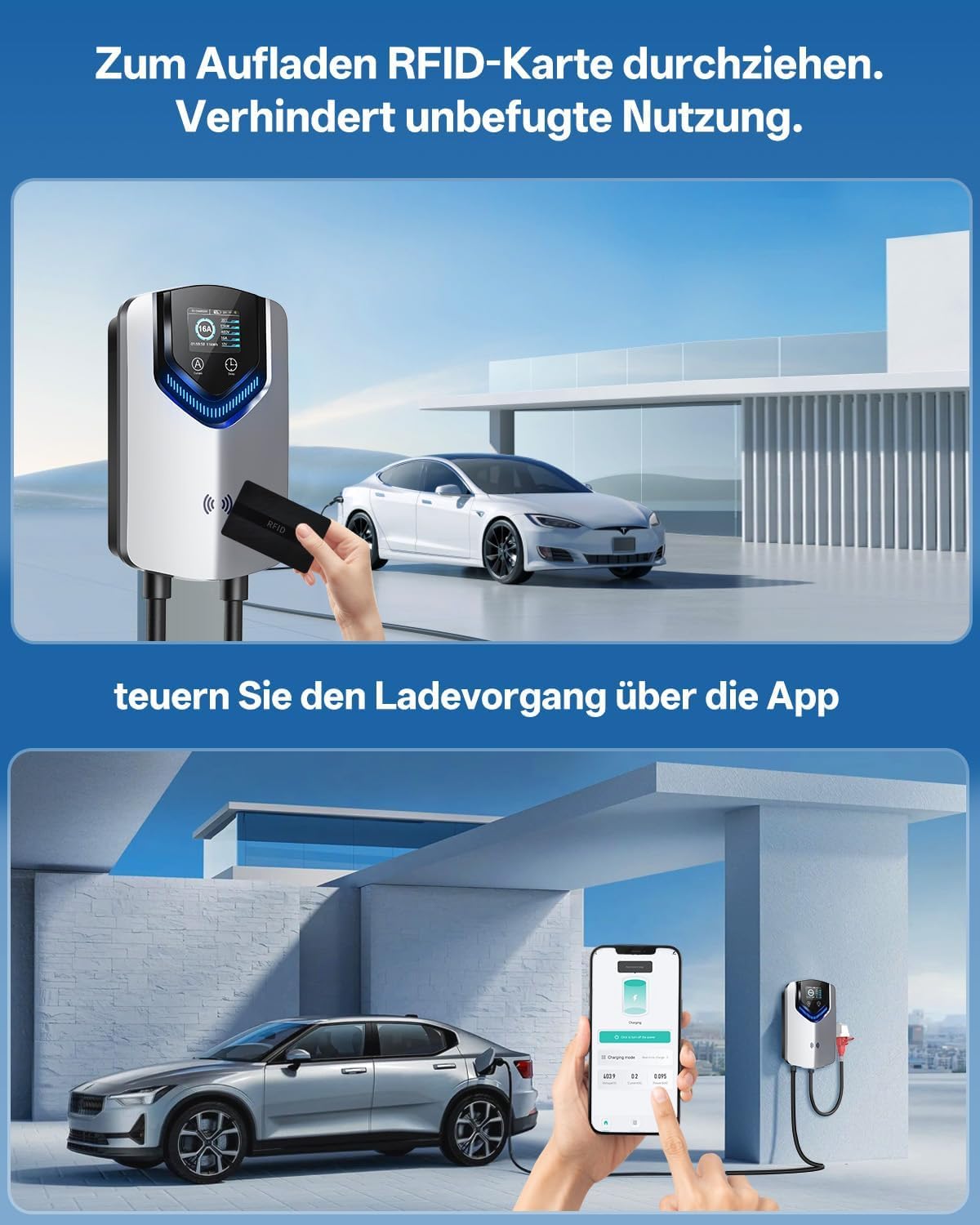 11kW Wallbox mit App + RFID, 3-Phasen Typ 2, 400V/6-16A, 8m Kabel + Halter, RCD Typ B, IP54, Startzeit-Einstellung, für BEV/PHEV