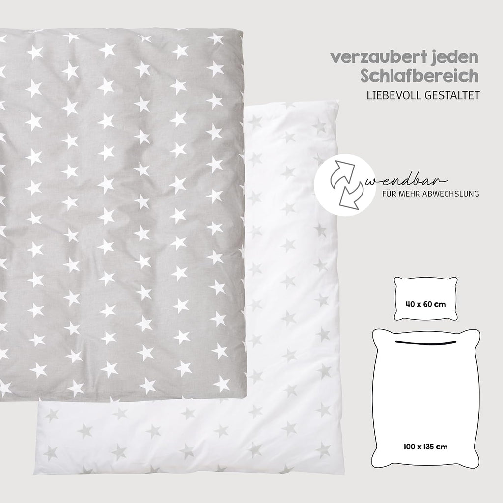 Babybett Set Little Stars 70x140 cm, mitwachsendes Kinderbett mit umbaubarem Design, inkl. Sterne-Textilien, höhenverstellbar, Holz weiß