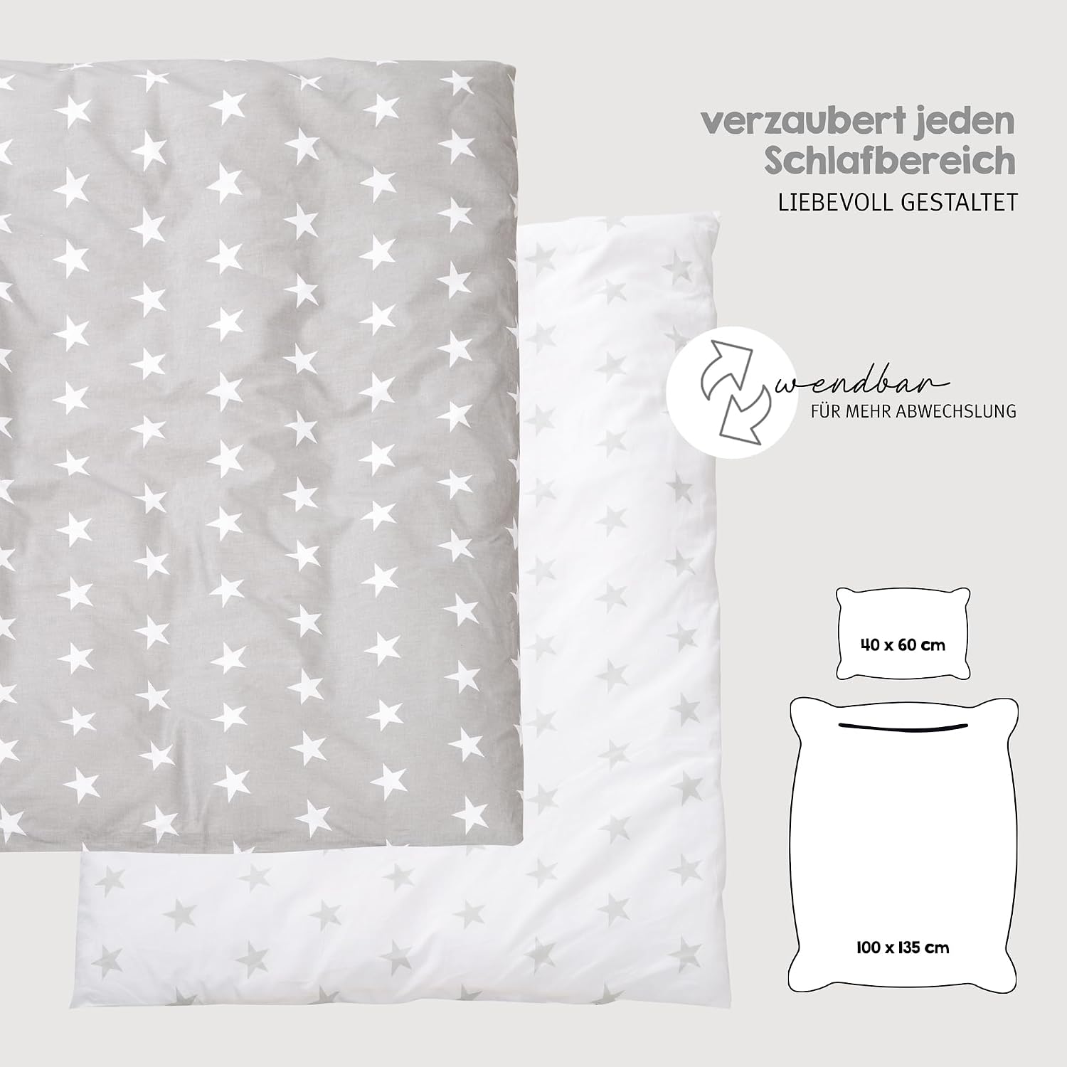 Babybett Set Little Stars 70x140 cm, mitwachsendes Kinderbett mit umbaubarem Design, inkl. Sterne-Textilien, höhenverstellbar, Holz weiß