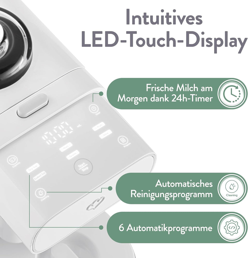Pflanzenmilchbereiter Mila 1L, 6 Programme, Auto-Reinigung, LED-Touch-Display mit Timer, für Nussmilch/Sojamilch/Haferdrinks, inkl. Sieb & Rezeptbuch
