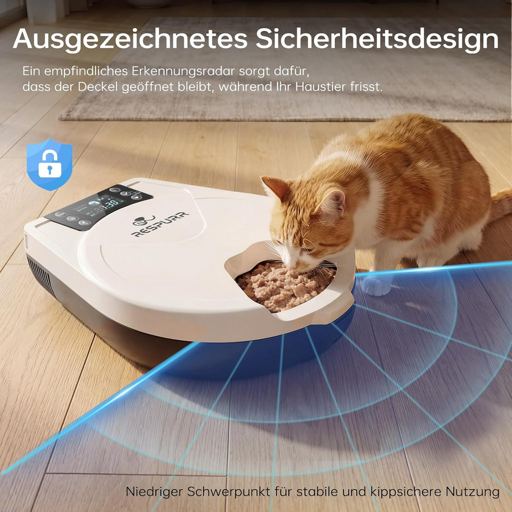 Nassfutterautomat für Katzen - 3 Tage Frische, 5 Mahlzeiten, Halbleiter-Kühlung & Heizung, Edelstahl 304 Schale, programmierbar