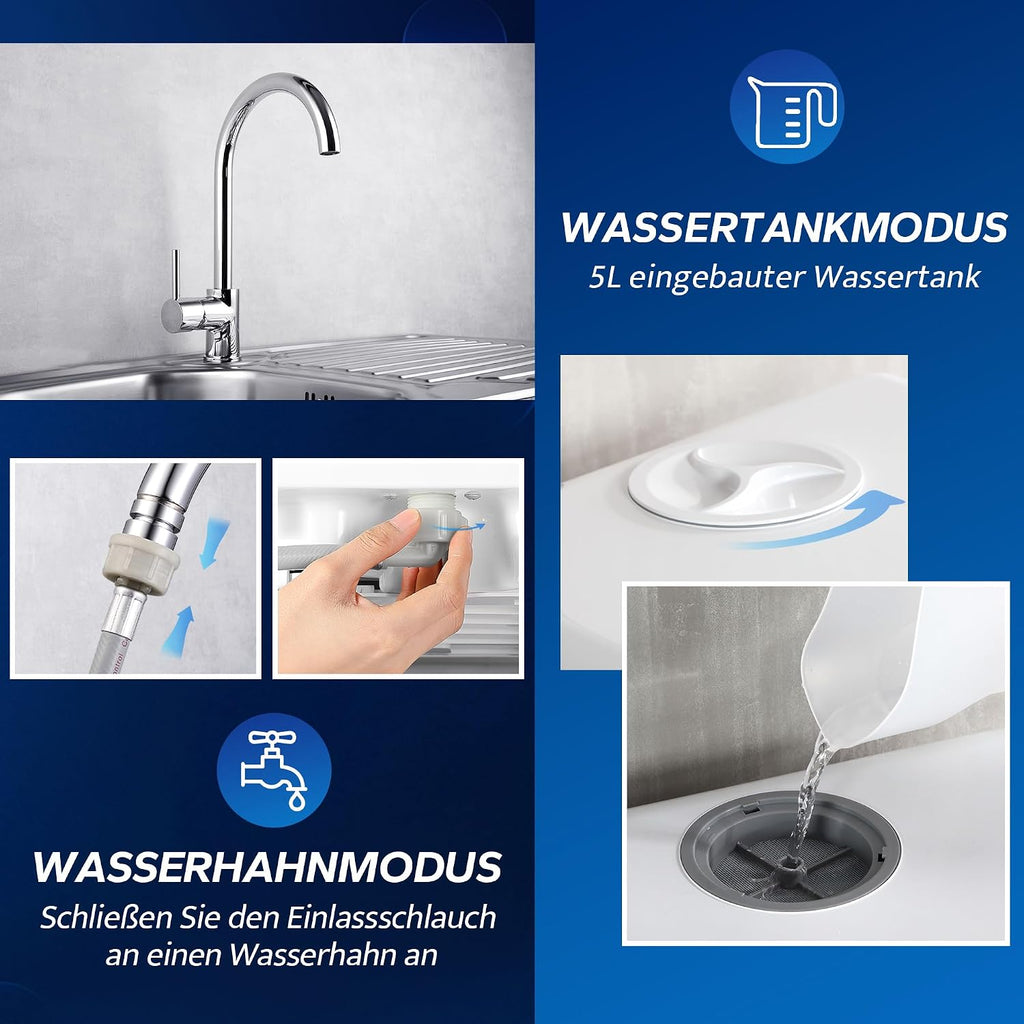 Mini Tischgeschirrspüler, 5+1 Programme, 5L Tank, 2-Wege-Wasser, Touch + LED, für Hausküche/Wohnung/Schlafsaal (Weiß/Schwarz)