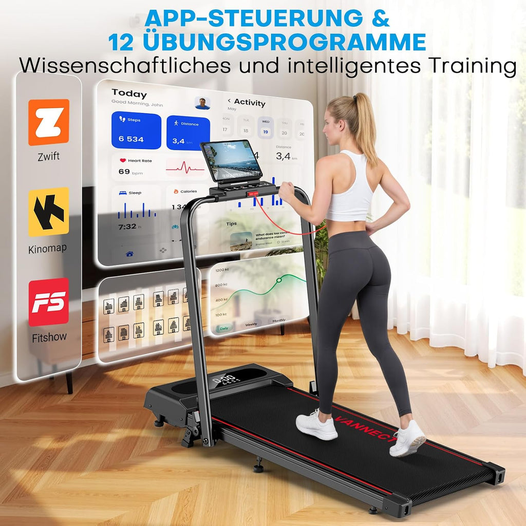 Laufband für Zuhause, Walking Pad, 1-12 km/h, klappbar, 9% Steigung, leise, LCD, Fernbedienung + App + Handlauf-Tasten, 150 kg