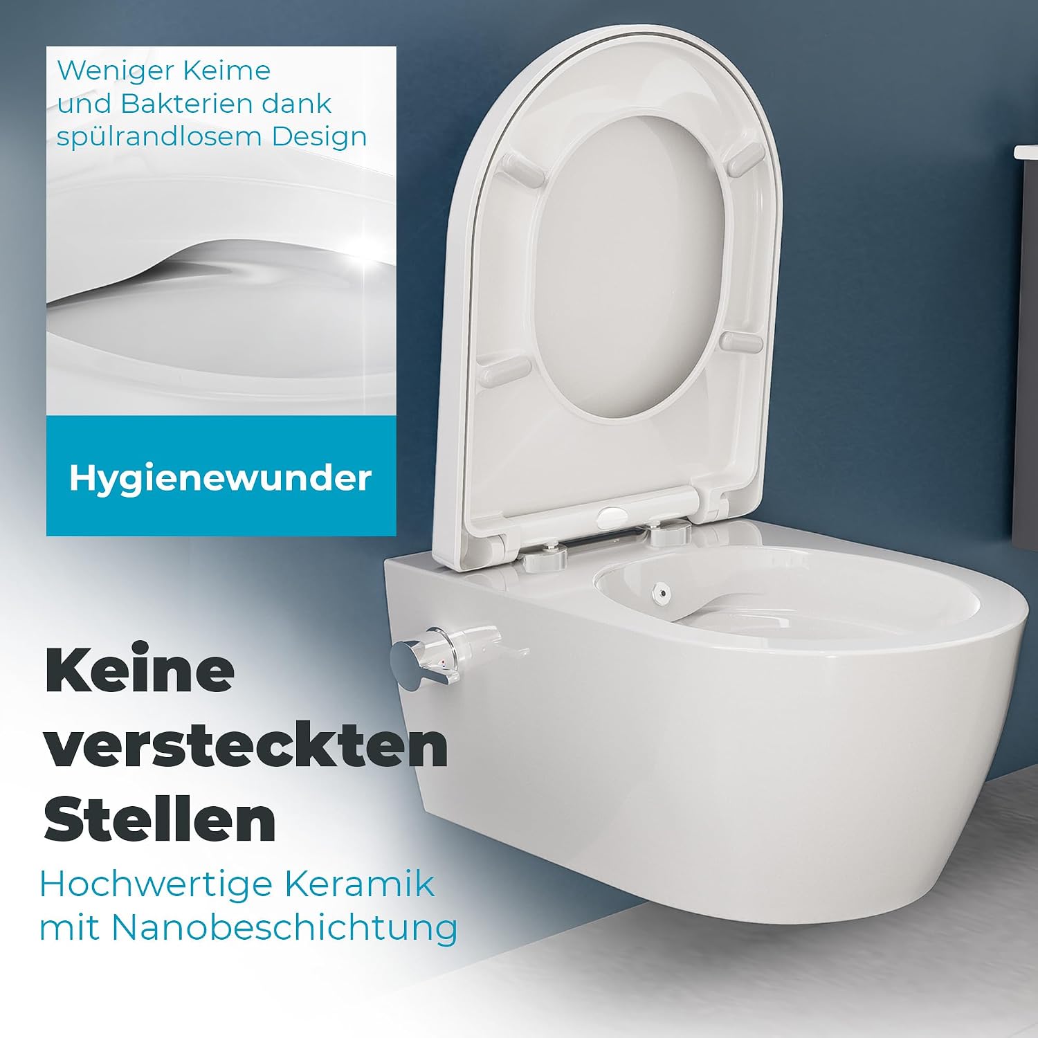 Dusch-WC mit Armatur, Hänge-WC spülrandlos, Bidet-Funktion (Taharet), Softclose-Absenkautomatik, Nanobeschichtung, Kalt- & Warmwasseranschluss