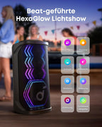 Rave 3S Partybox, KI-Karaoke, 2 kabellose Mikros, 200W, KI-Gesangsentfernung, Lichtshow, Auracast, 12h, Bluetooth-Lautsprecher für innen/außen