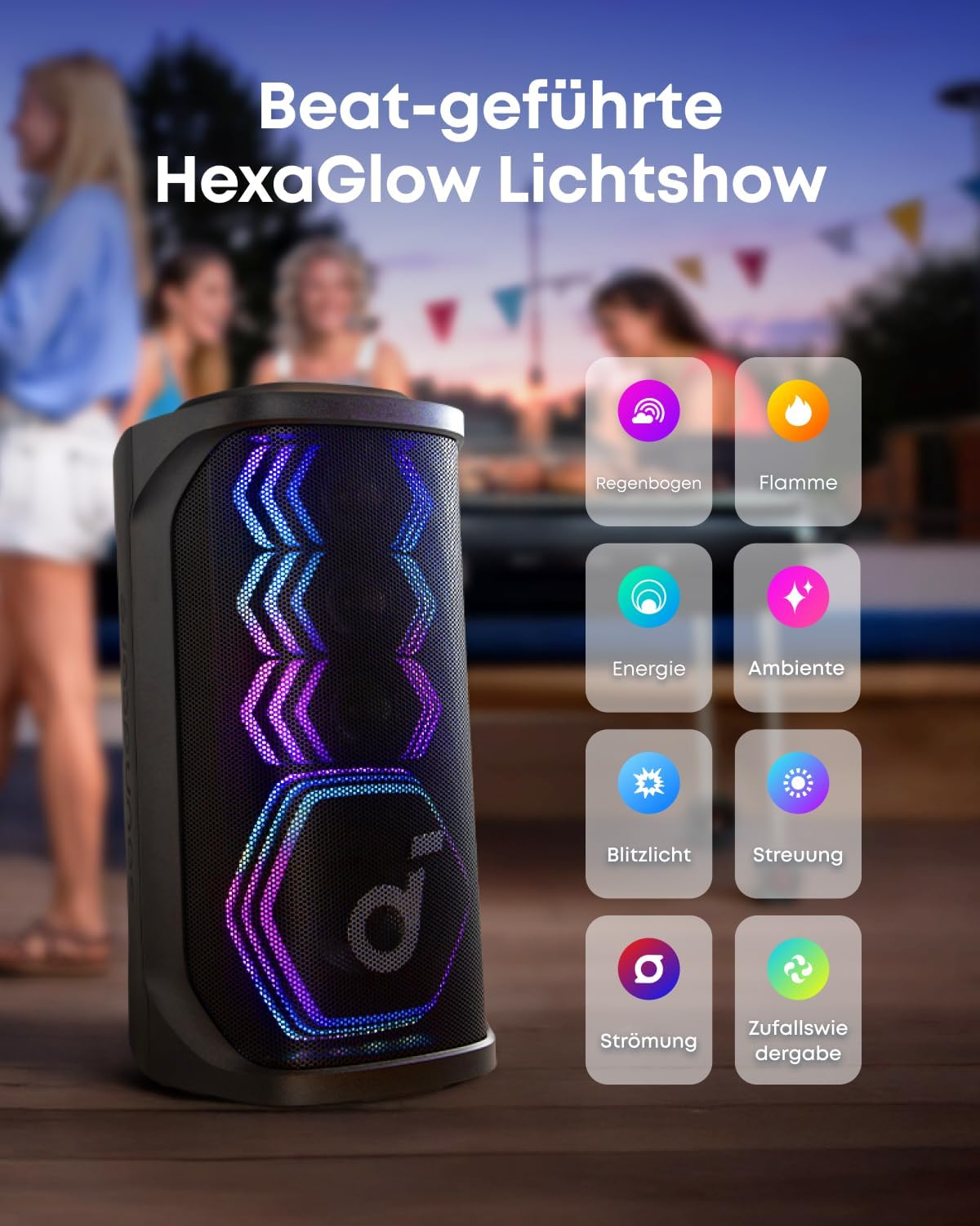 Rave 3S Partybox, KI-Karaoke, 2 kabellose Mikros, 200W, KI-Gesangsentfernung, Lichtshow, Auracast, 12h, Bluetooth-Lautsprecher für innen/außen