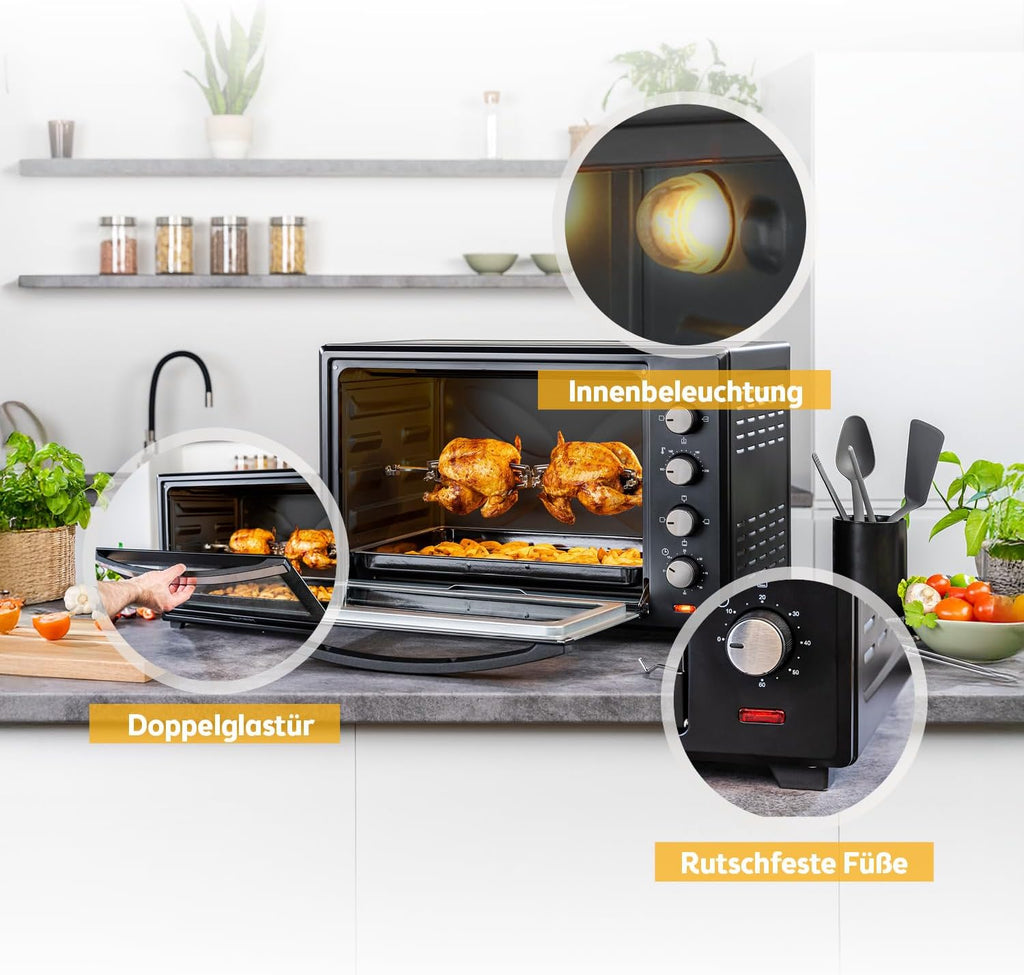 Minibackofen 60L 2000W - Pizzaofen & Backofen, Temperaturregelung bis 230°C, 6 Modi, 60 Min Timer, 4 Einschubhöhen, inkl. Backblech, Grillrost & Drehspieß