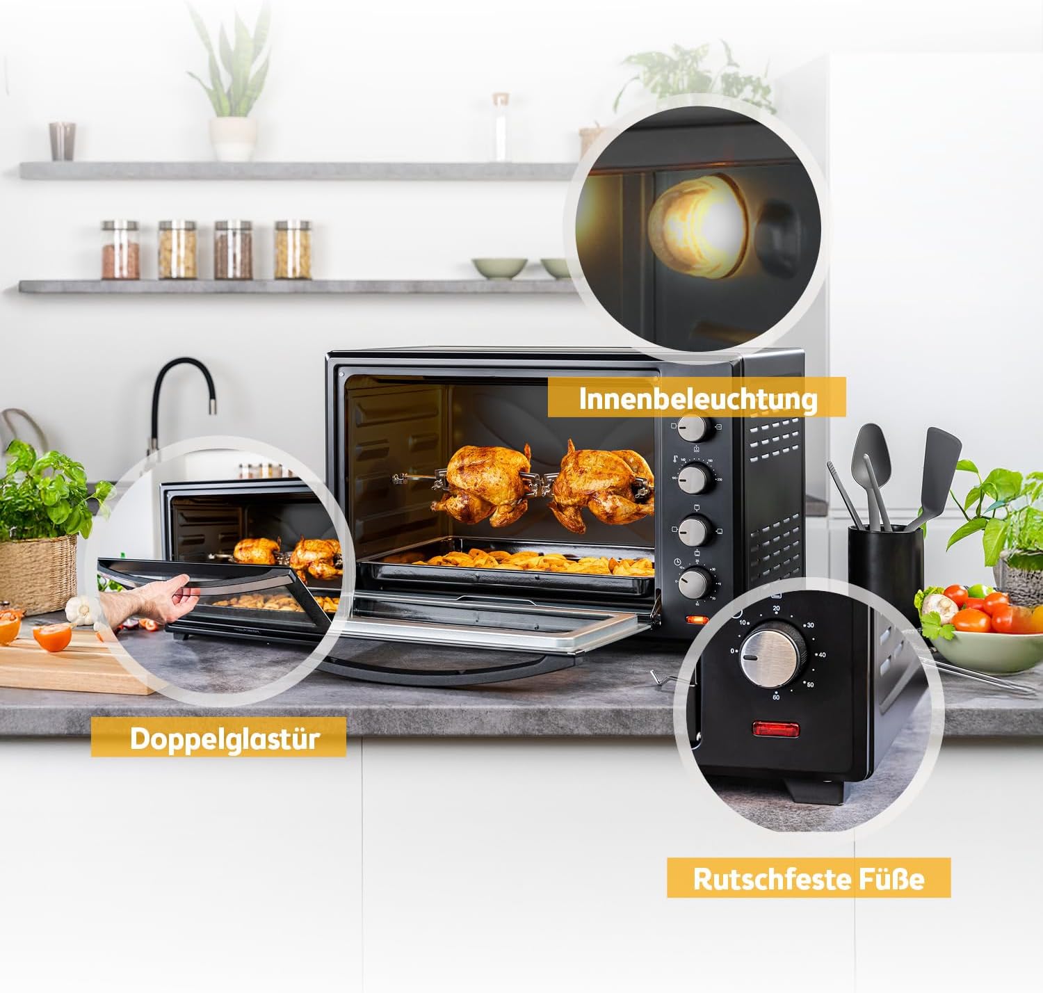 Minibackofen 60L 2000W - Pizzaofen & Backofen, Temperaturregelung bis 230°C, 6 Modi, 60 Min Timer, 4 Einschubhöhen, inkl. Backblech, Grillrost & Drehspieß