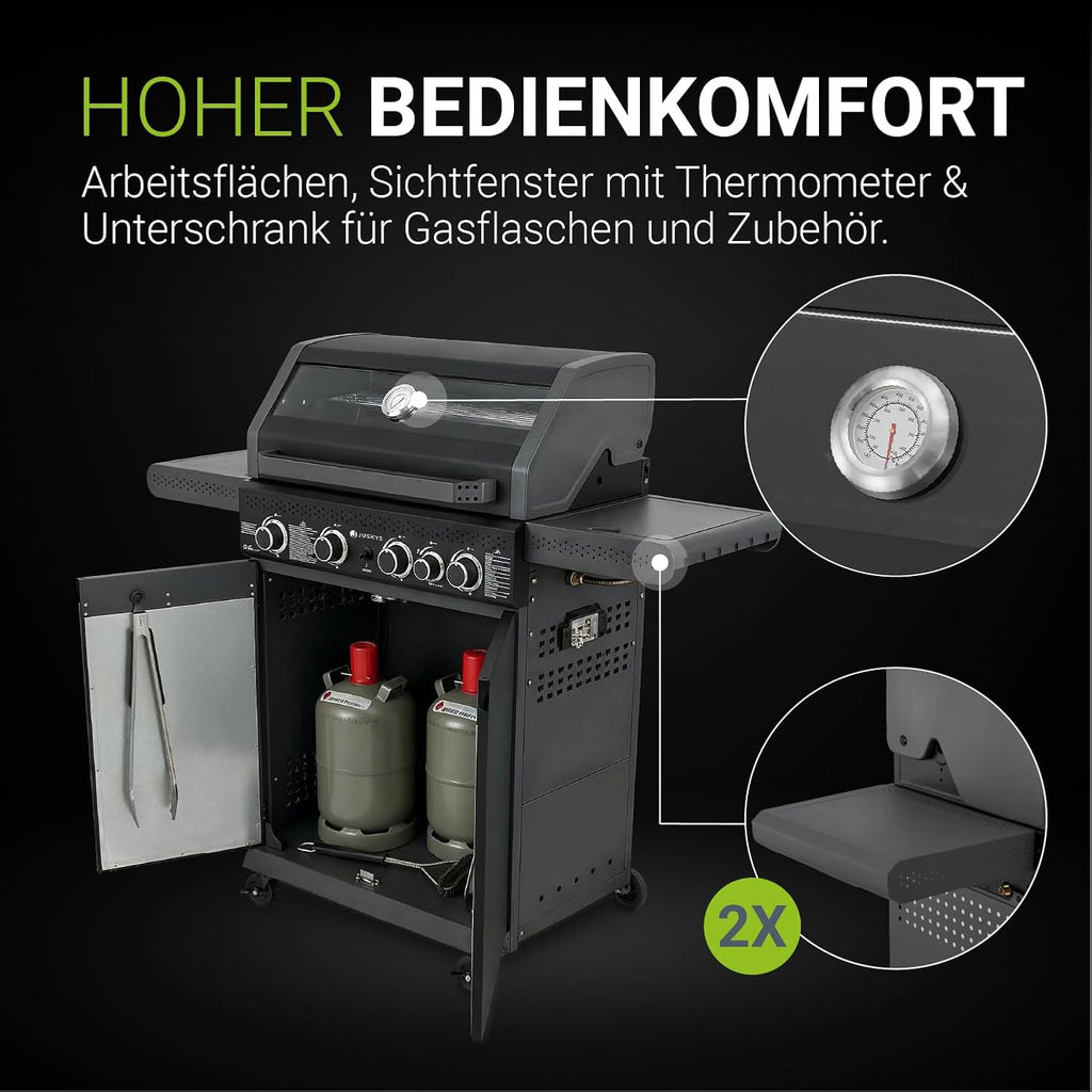 BBQ Gasgrill Savannah - 4 Brenner + 1 Seitenbrenner - XXL Stahl Gas Grill mit Gusseisen Grillrost, Kochfeld, Unterschrank für Gasflasche