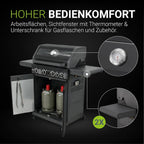 BBQ Gasgrill Savannah - 4 Brenner + 1 Seitenbrenner - XXL Stahl Gas Grill mit Gusseisen Grillrost, Kochfeld, Unterschrank für Gasflasche