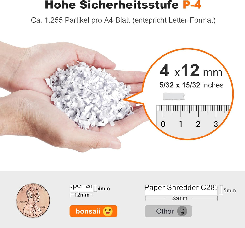 Automatischer 200-Blatt-Einzug Aktenvernichter, 60 Min Dauerbetrieb, DIN P-4 Mikroschnitt, 31L Behälter, leise 58 dB, energiesparend, C283