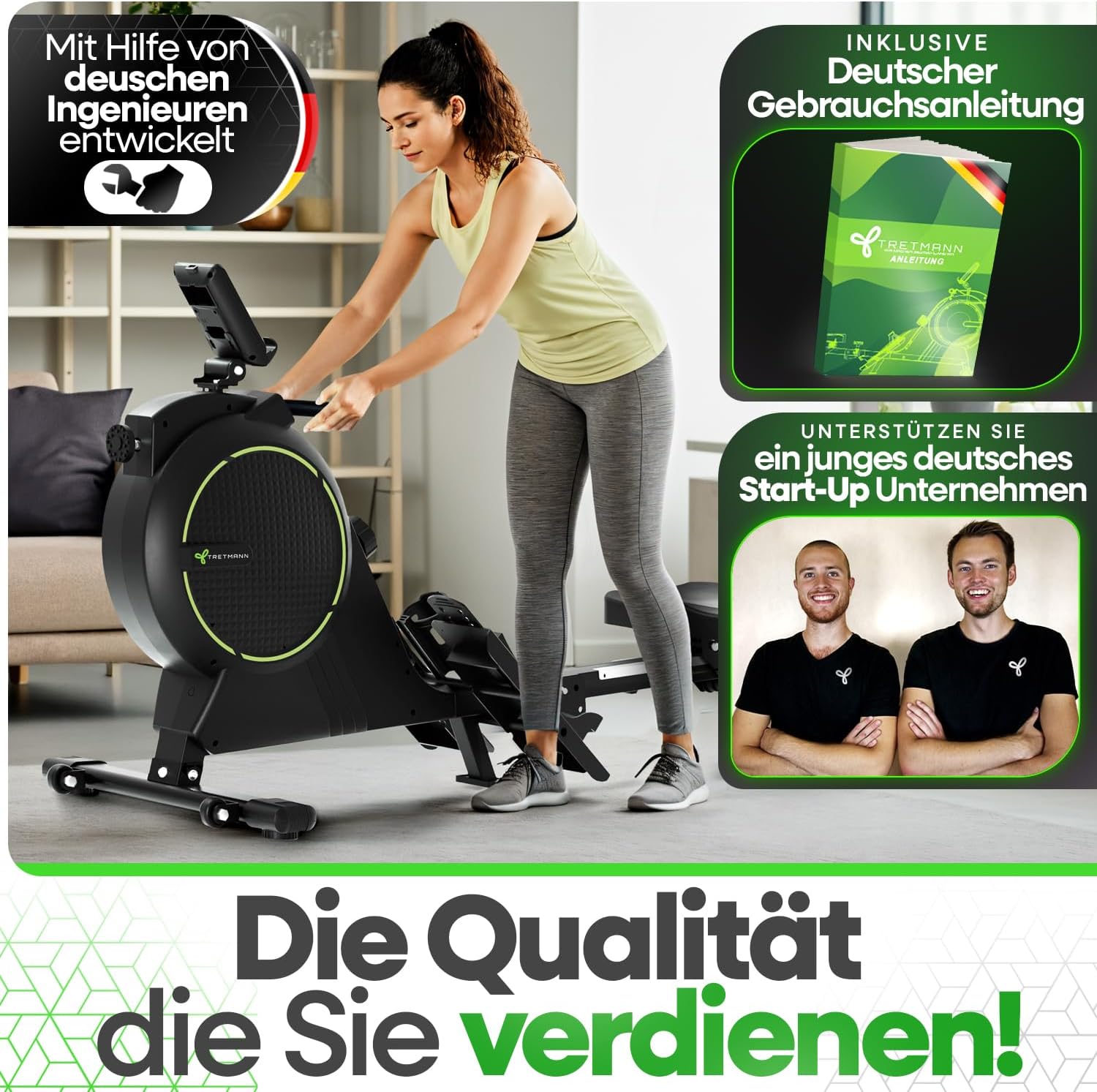 NEU Rudergerät für Zuhause Set - extra leise, Wirbelstrombremse 2.0, bis 150 kg, Magnet-Rudermaschine