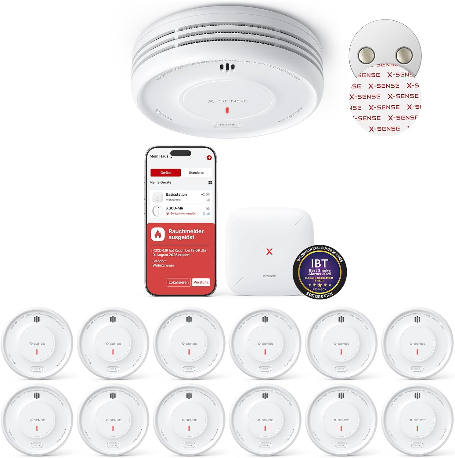 Smart Rauchmelder WLAN, Magnethalterung, Basisstation SBS50, App, Home-Assistant-kompatibel, wechselbare Batterie, XS0D-MR121