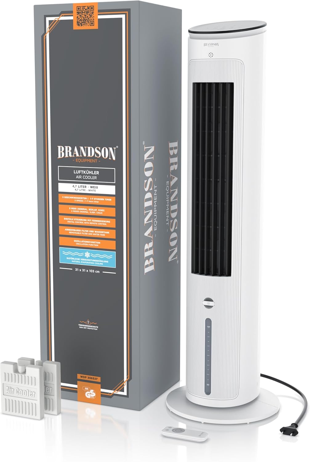 Turmventilator mit Wasserkühlung, 5-in-1: Verdunstungskühler, Luftkühler, mobile Klimaanlage ohne Abluftschlauch, Preisträger 2026, leise, weiß