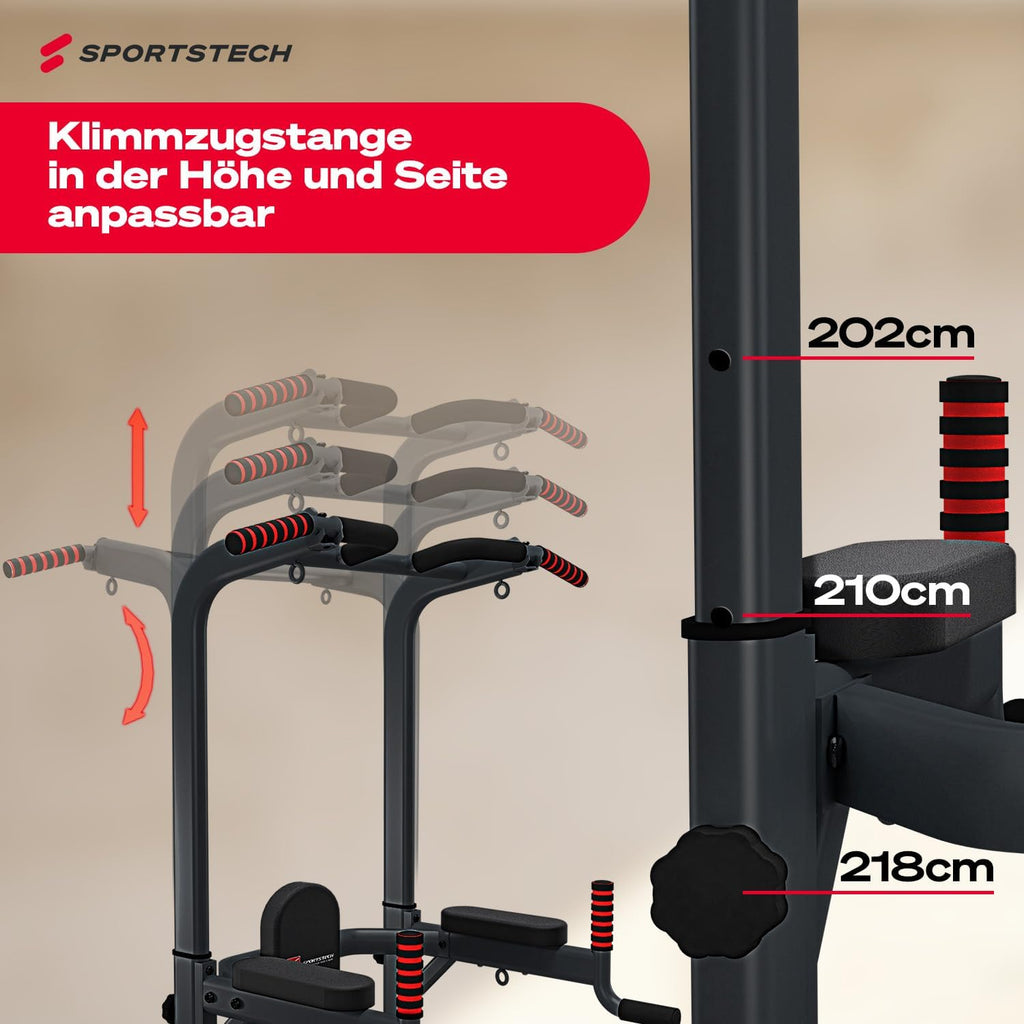 Power Tower + Dip Station für Zuhause, Klimmzugstange, Liegestützgriffe, 4 TRX-Ösen, höhenverstellb. Dip Barren, Calisthenics-Kraftstation