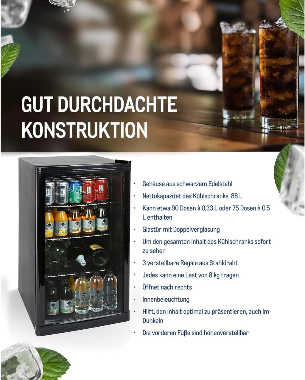 Mini-Kühlschrank 88 L GPC1088, 1.052 kWh/24h, 3 Edelstahl-Drahtböden, schwarz