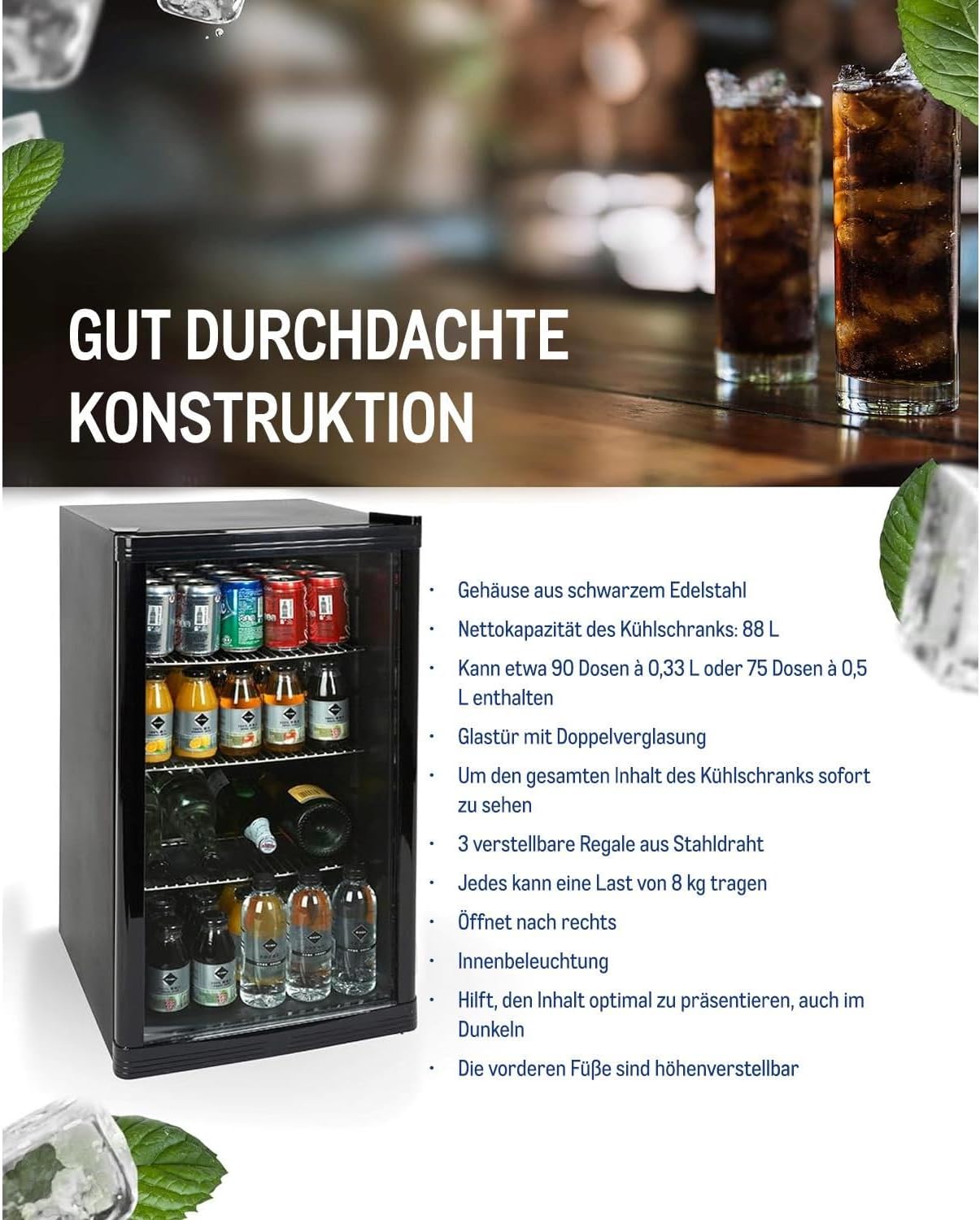 Mini-Kühlschrank 88 L GPC1088, 1.052 kWh/24h, 3 Edelstahl-Drahtböden, schwarz