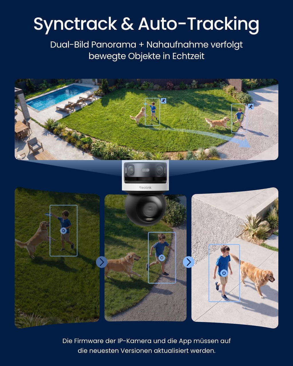 Dreifachobjektiv PoE Sicherheitskamera Außen, 10MP 180° Panorama & 4K PT Auto-Track., KI-Videosuche, Perimeter-Schutz, Farb-/IR-Nacht., 24/7-Aufz., OMVI 3i