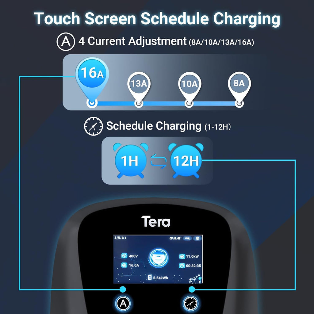 Smart EV Ladegerät Typ 2 Wallbox, 11kW, 16A, 400V, APP, WLAN, Bluetooth, CE&TÜV, 7m Kabel, Halter, CEE 3-Phasen Stecker, für EVs & PHEV, Schwarz