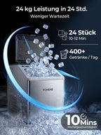 Eiswürfelmaschine Edelstahl, 24kg/24h, 24 Würfel in 10 Min., 3.2L Dual-Wasser, 40 dB leise, Timer + Selbstreinigung + Abtauen, für Hausbar/Partys