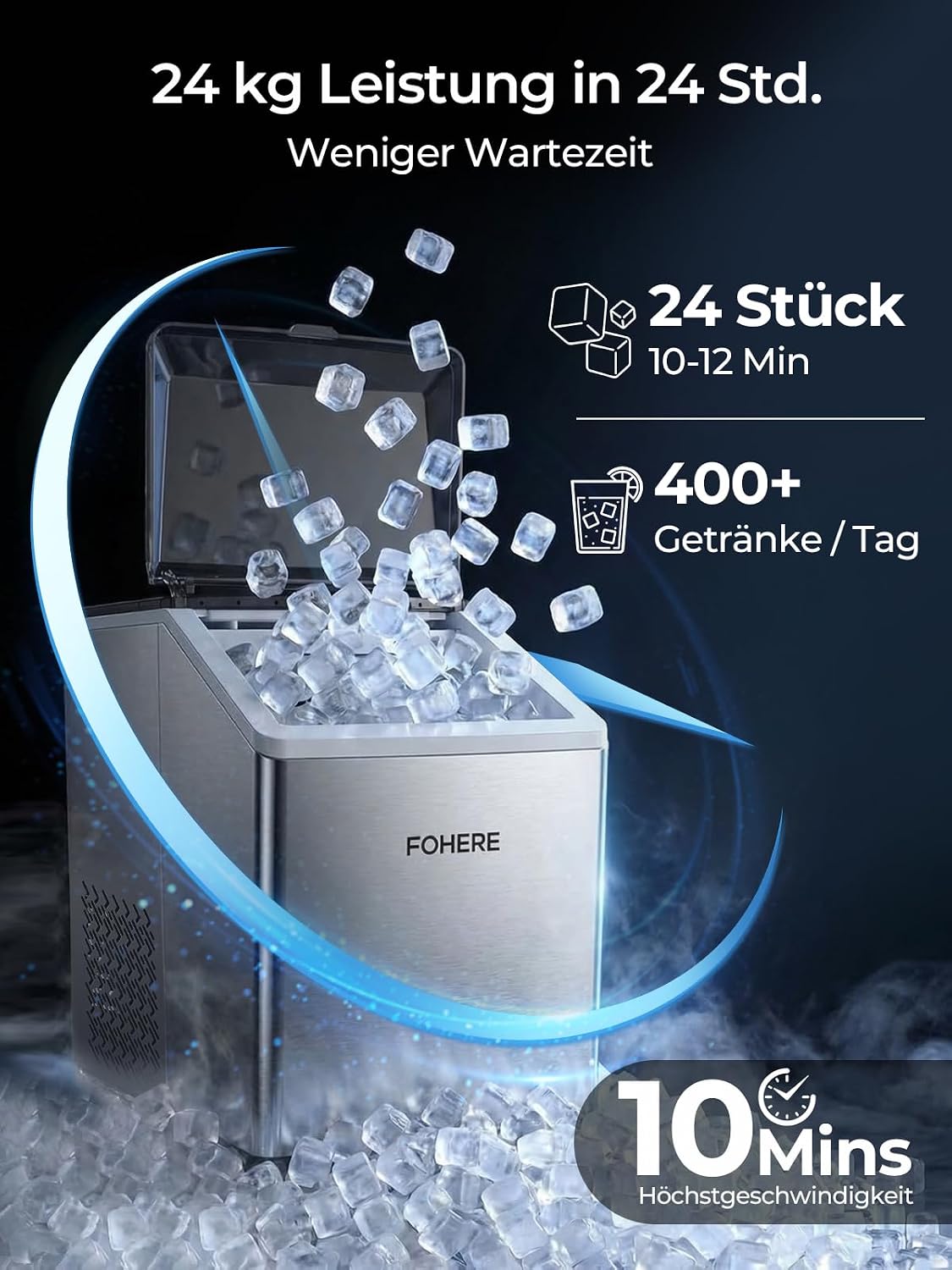 Eiswürfelmaschine Edelstahl, 24kg/24h, 24 Würfel in 10 Min., 3.2L Dual-Wasser, 40 dB leise, Timer + Selbstreinigung + Abtauen, für Hausbar/Partys