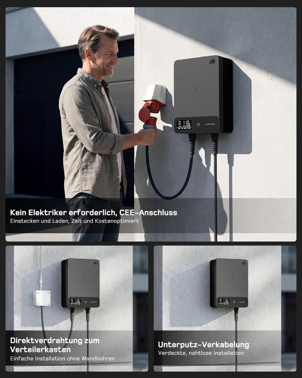 11kW Wallbox mit App, 7,5m Typ 2 Kabel + Halter, 3-Phasen (6-16A, 400V), RCD Typ A 30mA+6mA DC, IP54, für BEV/PHEV, schwarz