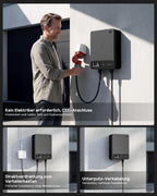 11kW Wallbox mit App, 7,5m Typ 2 Kabel + Halter, 3-Phasen (6-16A, 400V), RCD Typ A 30mA+6mA DC, IP54, für BEV/PHEV, schwarz