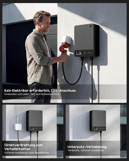 11kW Wallbox mit App, 7,5m Typ 2 Kabel + Halter, 3-Phasen (6-16A, 400V), RCD Typ A 30mA+6mA DC, IP54, für BEV/PHEV, schwarz