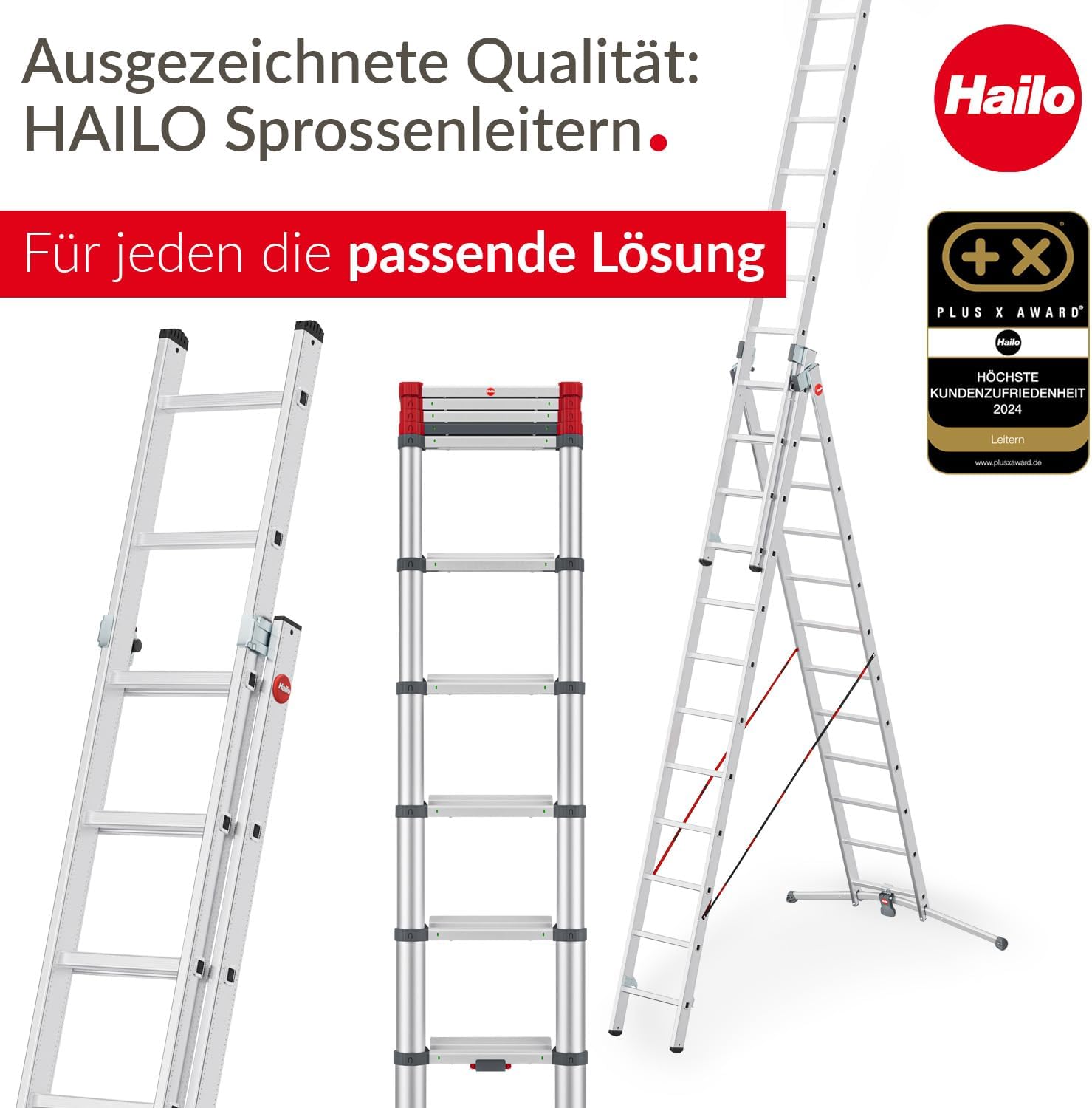 ProfiLOT S100 3-teilige Alu-Kombileiter mit Lot-System, gleicht Unebenheiten aus, 3x12 Profilsprossen, 150 kg, rostfrei, Silber