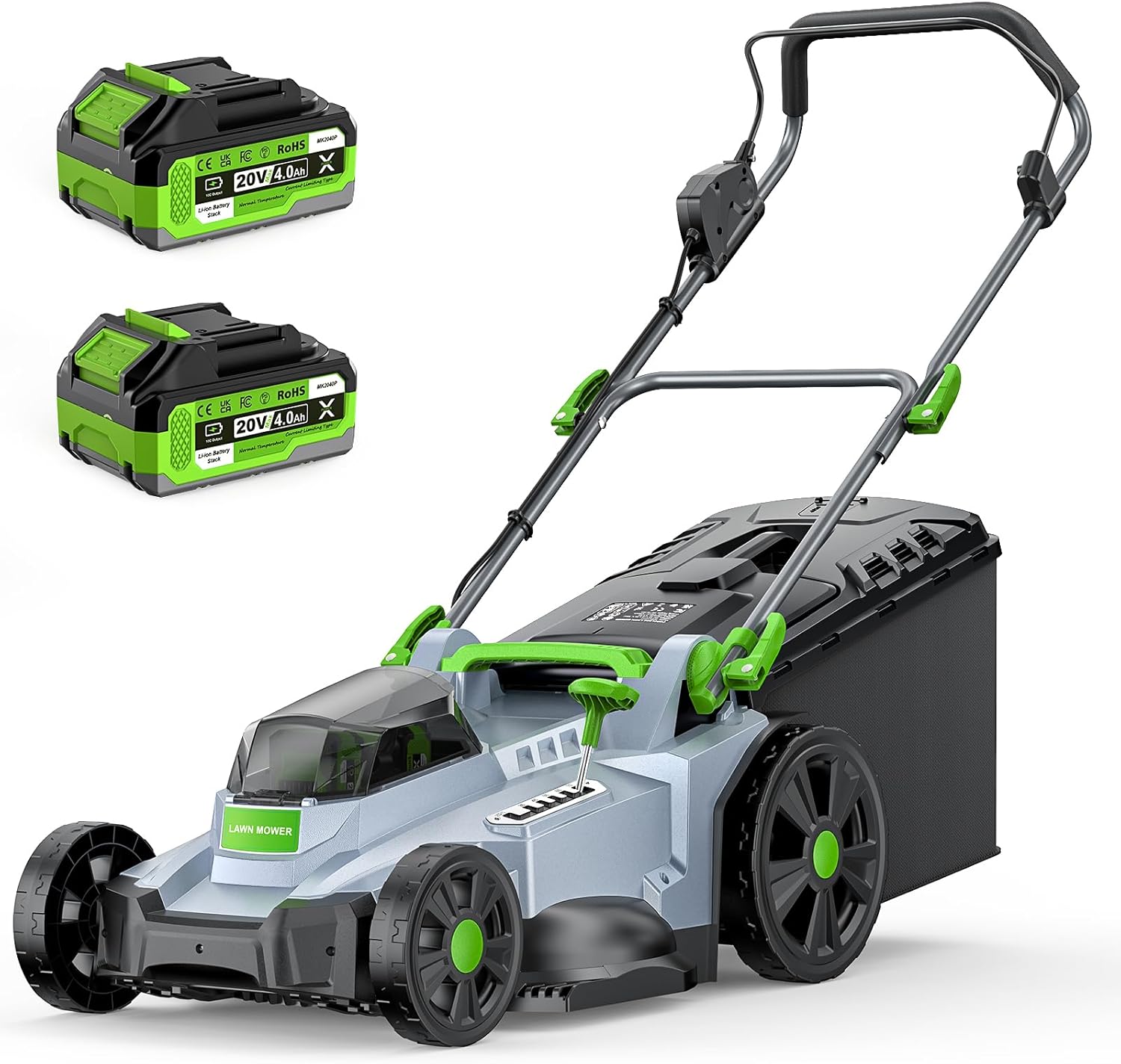 Akku-Rasenmäher 40V(2X20V), 43cm Schnittbreite, Brushless, bis 500 m², Mulch-Kit, 50L Fangkorb, 6 Schnitthöhen (25-75mm), 2x 4,0Ah Akkus+Ladegerät