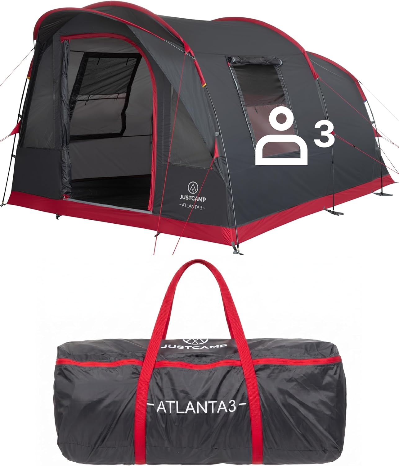 Atlanta Familienzelt für 3-7 Pers., Tunnelzelt, Stehhöhe, Vordach + Boden, Fliegengitter, wasserdicht, für Camping/Festivals