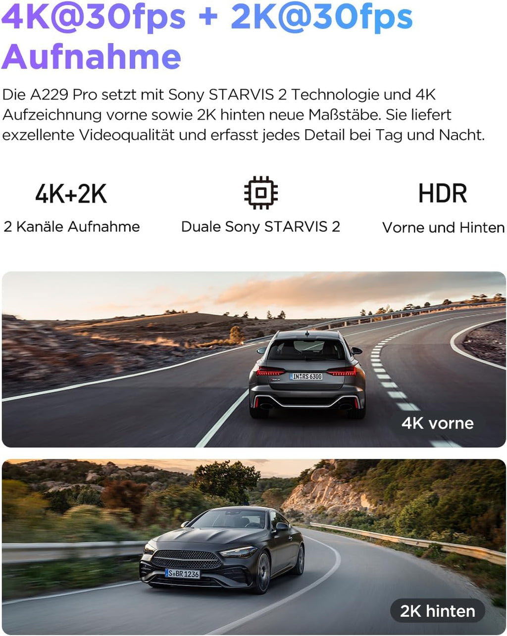 A229 Pro 4K+2K Dual STARVIS 2, HDR, Front+Rück-Dashcam, Sprachsteuerung/-ausgabe, 5GHz Wi-Fi, GPS+CPL, Super Nachtsicht 2.0, bis 512GB