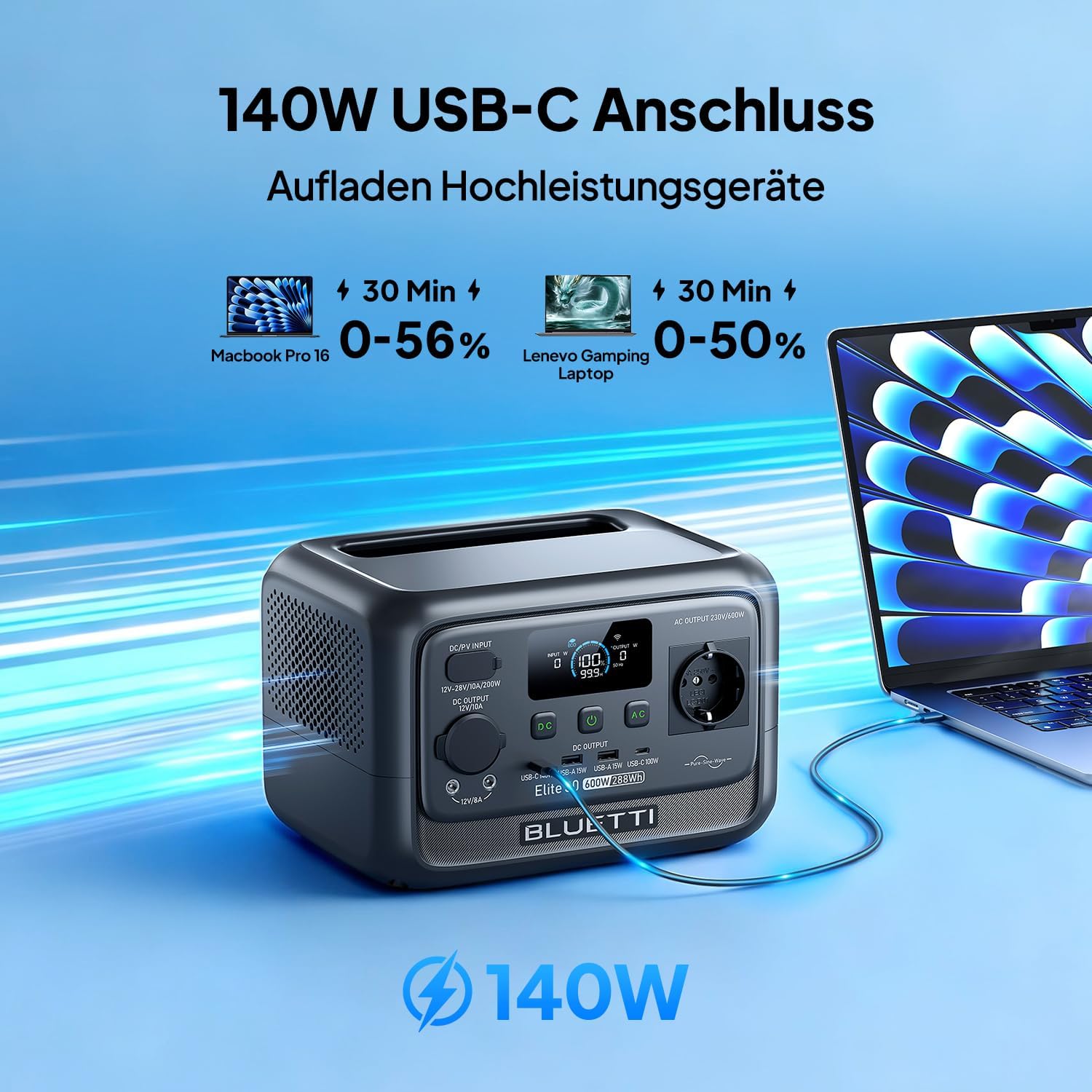 Elite 30 V2 Powerstation, 288 Wh LFP, 600W AC (Power Lifting 1500W), lädt in 70 Min., Solargenerator für Camping/Vans/Notfälle (Solarpanel opt.)