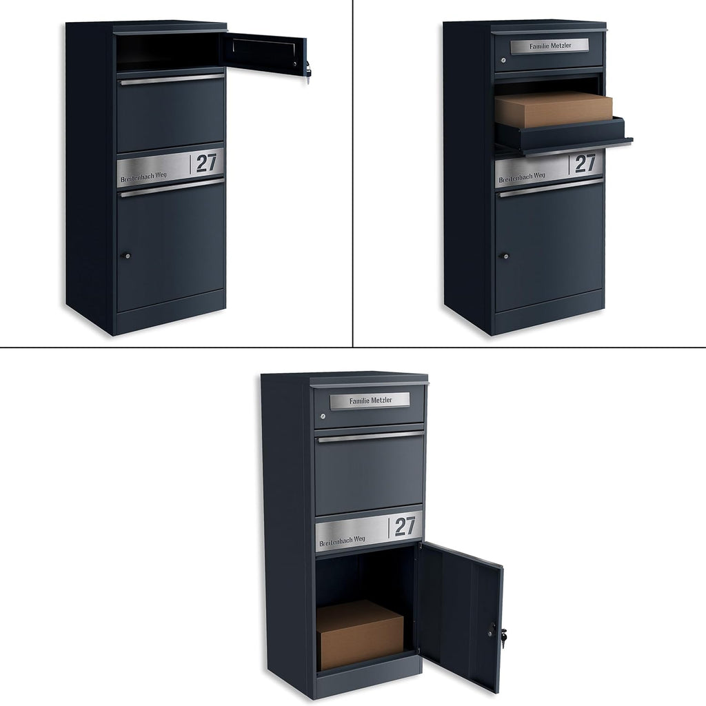 Paketbox Briefkasten mit großem Paketfach, Anthrazit, personalisiert, Standbriefkasten für draußen, rostfrei und massiv, mit Gravur, Bispo 2