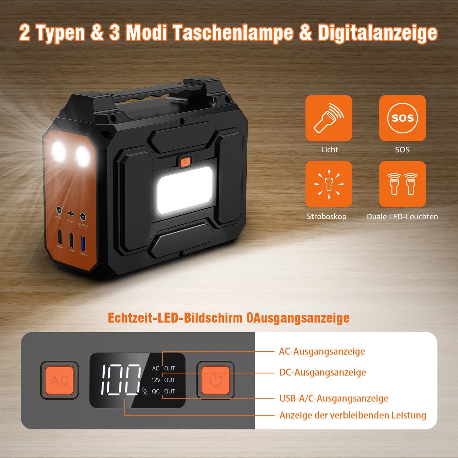 Powerstation 99Wh + 40W Solarpanel, 100W Solargenerator, 230V AC, 18W USB-A/C, für Wohnmobil/Camping, schwarz-orange