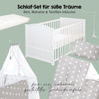Babybett Set Little Stars 70x140 cm, mitwachsendes Kinderbett mit umbaubarem Design, inkl. Sterne-Textilien, höhenverstellbar, Holz weiß