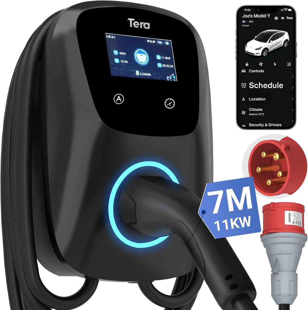 Smart EV Ladegerät Typ 2 Wallbox, 11kW, 16A, 400V, APP, WLAN, Bluetooth, CE&TÜV, 7m Kabel, Halter, CEE 3-Phasen Stecker, für EVs & PHEV, Schwarz