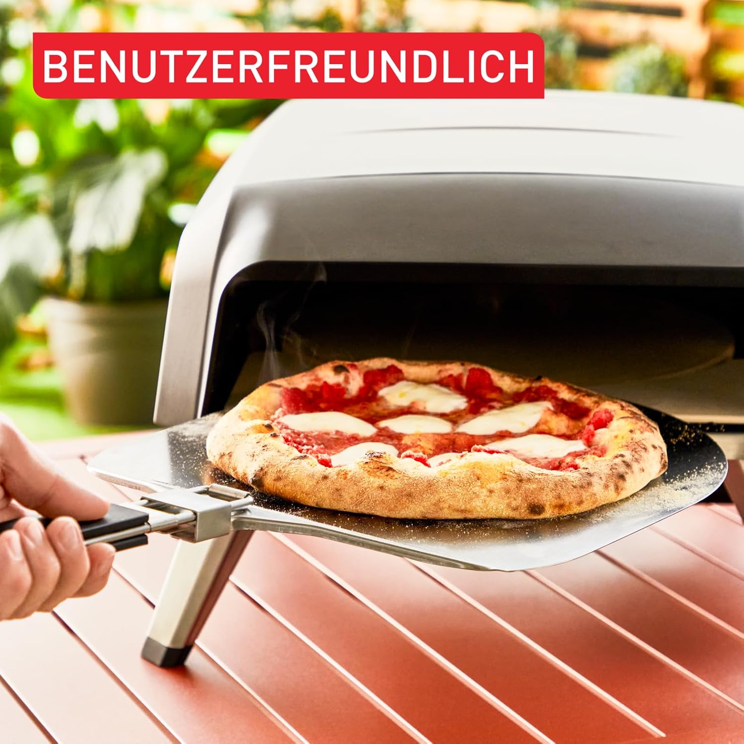 Pizza Pronto Gas-Pizzaofen für Außen, bis 400°C, Temperaturregler, Ein/Aus, Drehstein, kompakt, inkl. Pizzaschieber, Edelstahl, JM413015